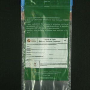 ENVELOPE PLÁSTICO  PARA COLETA DE MATERIAL BIOLÓGICO CONGELADO MBC  COM ABA E FITACOM COM BOLSA CANGURU IMPRESSO