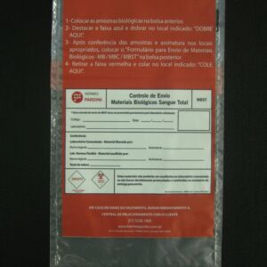 ENVELOPE PLÁSTICO PARA COLETA DE MATERIAL BIOLÓGICO SANGUE TOTAL MBST COM ABA E FITA COM BOLSA CANGURU IMPRESSO
