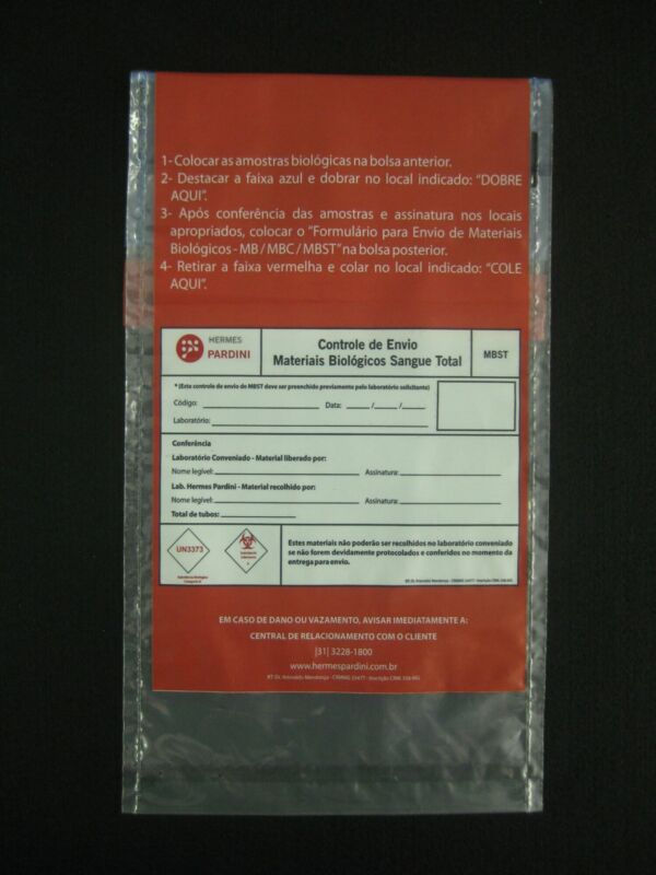 ENVELOPE PLÁSTICO PARA COLETA DE MATERIAL BIOLÓGICO SANGUE TOTAL MBST COM ABA E FITA COM BOLSA CANGURU IMPRESSO