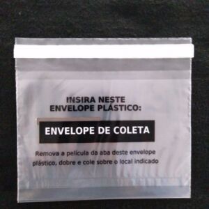 ENVELOPE PLÁSTICO PARA EXAMES TOXICOLÓGICOS COM ABA E FITA PERMANENTE E BOLSA