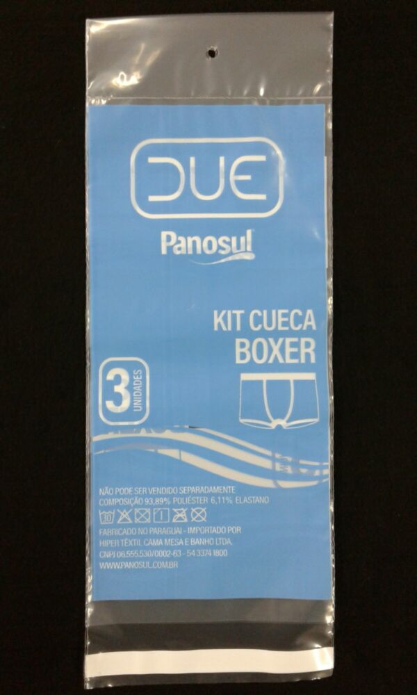 SACO PLÁSTICA PARA CUECAS COM SOLAPA E FURO PARA DISPLAY COM ABA E FITA