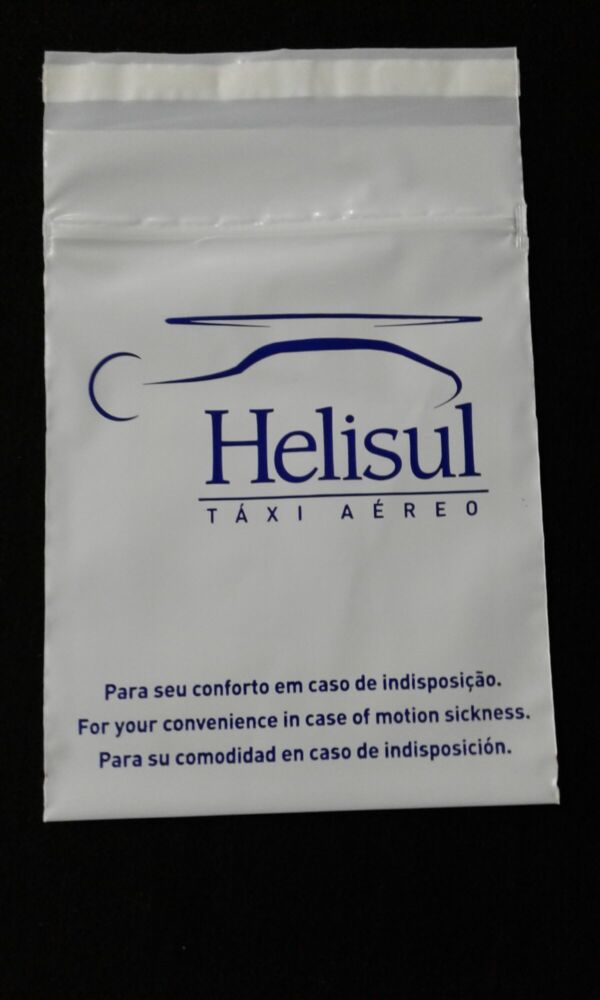SACO PLÁSTICO COM FECHO ZIP PARA INDISPOSIÇÃO ESTOMACAL COM ABA E FITA PERMANENTE