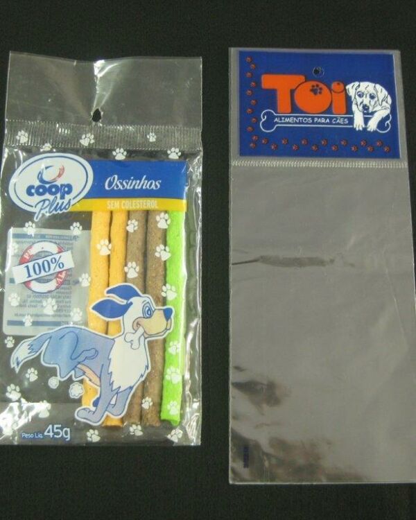 SACO PLÁSTICO PARA BISCOITOS PALITOS E OSSOS PARA PET DOG COM SOLAPA E FURO PARA DISPLAY