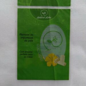 SACO PLÁSTICO PARA ESPONJA DE BANHO VEGETAL COM SOLAPA E FURO PARA DISPLAY COM ABA E FITA