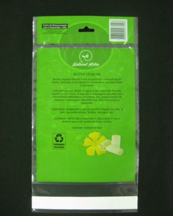 SACO PLÁSTICO PARA ESPONJA VEGETAL COM SOLAPA, ABA E FITA