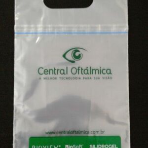 SACOLA PLÁSTICA ALÇA BOCA VAZADA PARA CLÍNICA OFTÁLMICA COM ABA E FITA