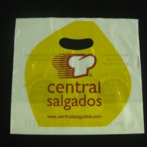 SACOLA PLÁSTICA PARA SALGADOS E LANCHES PARA REDE DE FAST FOOD, LANCHONETES, RESTAURANTES E BARES ALÇA BOCA VAZADA E SANFONA DE FUNDO 1